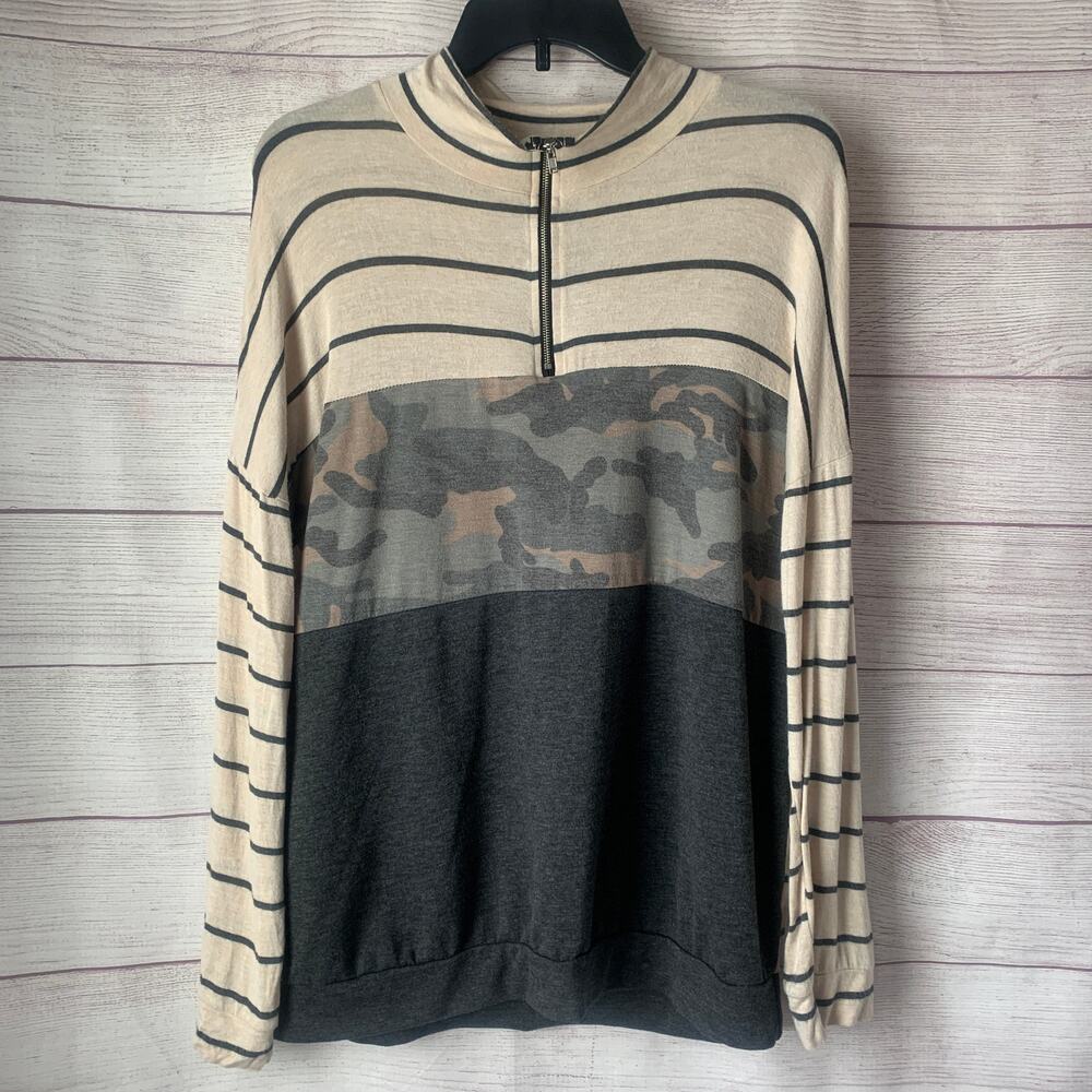 Bibi Pullover Long Sleeve Shirt Quarter Zip Color Block Camo Stripe Size Medium
